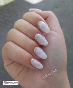 White Nails With Marble With Golden Line