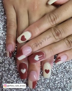 White Nails With Red Heart Design And Different Designs