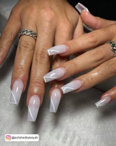 White Ombre Coffin Nails With Slanting Lines
