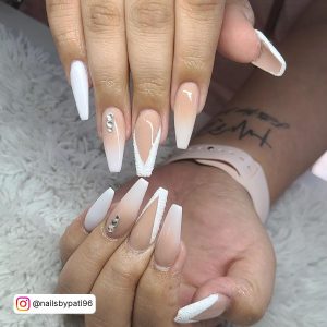 White Ombre Nails Coffin With French Tips And Diamonds