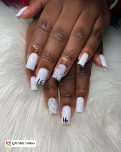 White Square Birthday Nails With The Number 16 On One Nail And Silver Glitter On One Nail