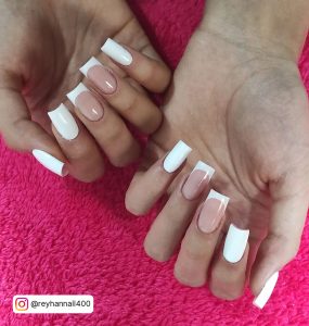 White Square Nails With Two Nude And White French Tip Nails
