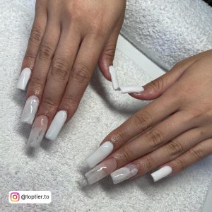 White Square Nails With White And Grey Marble Effect On Two Nails