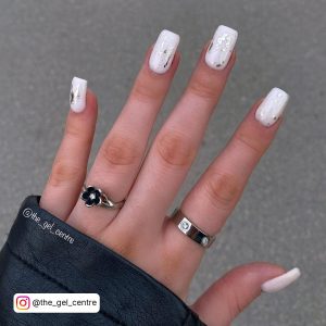 White Square Tip Nails With Silver Foil Design