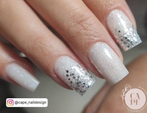 White Square Tip Nails With Silver Glitter Ombre Tip