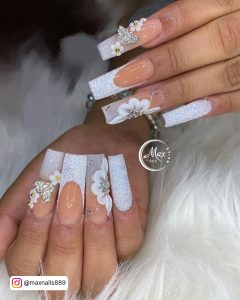 White Tip Nails Coffin With Flowers