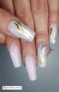 White With Black And Gold Marble Coffin Nails