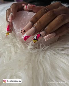 Acrylic Black And Pink Nails With Fun Designs