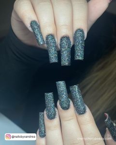 Acrylic Black And Silver Nails With Shimmer
