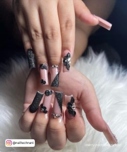 Acrylic Black Nails Design With Flowers