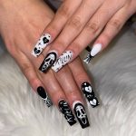 Acrylic Black Nails With Hearts And Skulls