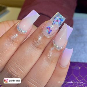 Acrylic Coffin Butterfly Nails With Diamonds