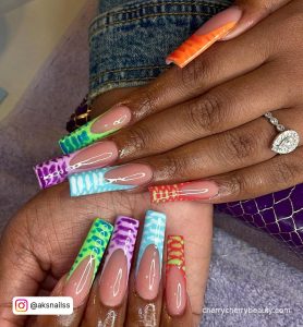 Acrylic Coffin Nails With Multi-Colored Tips