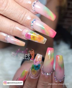 Acrylic Nails Coffin Shape In Rainbow Colors And Diamonds