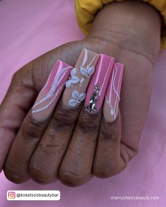Acrylic Nails Light Pink With Flowers And Rhinestones