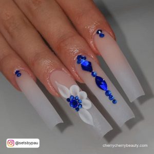 Acrylic Nails Long With Ombre, Rhinestones, And Flowers