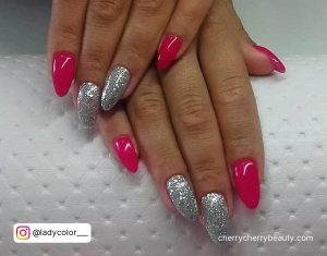 Acrylic Nails Pink And Silver In Almond Shape