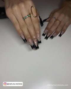 Acrylic Nails With Black Tips And Diamonds