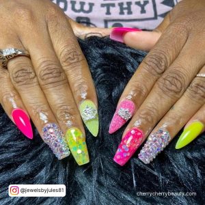 Acrylic Summer Coffin Nails In Bright Colors