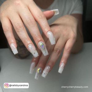 Acrylic White Coffin Nails With Design With Rhinestones