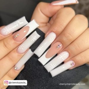 All White Nails With Rhinestones And Snowflakes