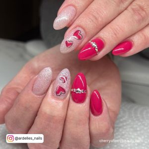 Almond Shape Pink Valentine'S Day Nail Designs In Light Pink And Hot Pink With Silver Detail And Pink Hearts