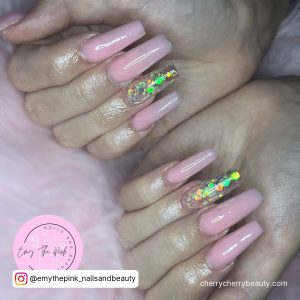 Baby Pink Acrylic Nails With Metallic Shade Design On Ring Finger