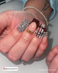 Baddie Acrylic Long Birthday Nails With Burberry Pattern On One Fingernail
