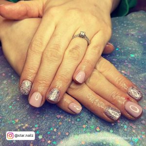Beige Nails With Silver Glitter In Short Length