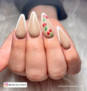 Beige Nails With White Outline And Cherries