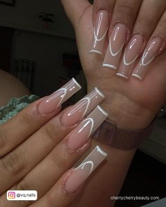 Beige Nails With White Outline In Coffin Shape