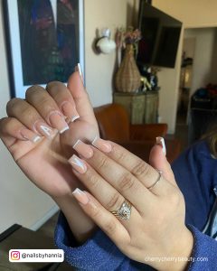 Beige Nails With White Outline With Rings