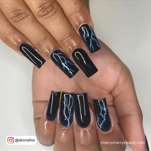 Black Acrylic Nails Coffin With Marble Effect