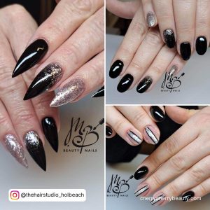 Black Acrylic Nails With Silver Touch