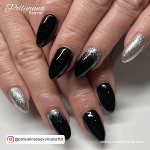 Black And Silver Almond Nails With Shiny Finish