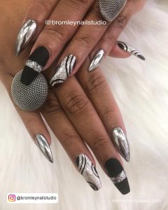 Black And Silver Chrome Nails In Different Shapes