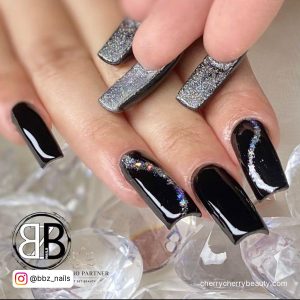 Black And Silver Coffin Nails With Swirls