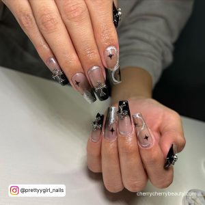 Black And Silver Coffin Nails With Swirls And Embellishments