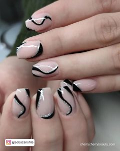 Black And Silver Gel Nails With Swirls