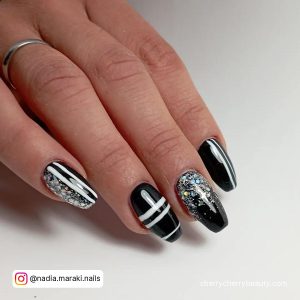 Black And Silver Glitter Coffin Nails With Lines