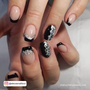 Black And Silver Halloween Nails With Clear Base Coat