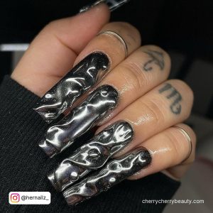 Black And Silver Nails Coffin For Extra Long Nails