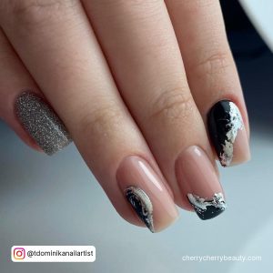 Black And Silver Prom Nails With Nude Base Coat