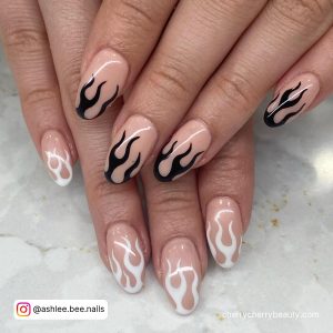 Black And White Flame Nails On Nude Base
