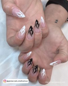Black And White Flame Nails On Ring And Middle Finger