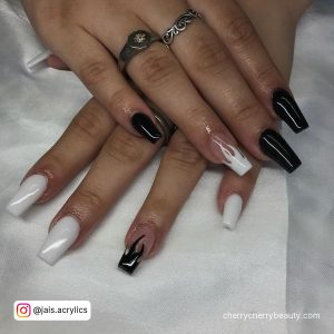 Black And White Flame Nails On Ring Finger