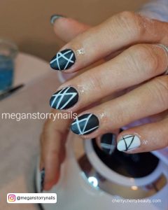 Black And White Matte Nails With Geometric Lines