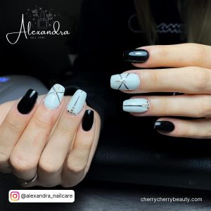 Black And White Nail Designs With Rhinestones And Silver Lines