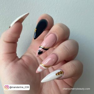 Black And White Nail Designs With Rhinestones In Gold