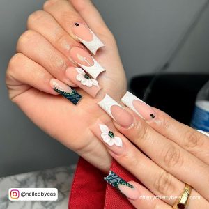 Black And White Nails With Rhinestones And Flowers